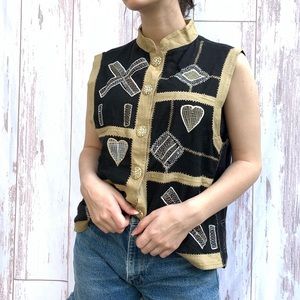 Vintage 70s hand embroidered vest button down cotton and rayon size small